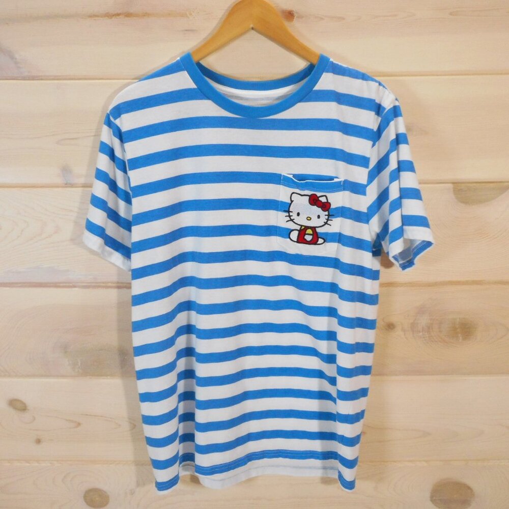 Hello Kitty size M Striped T-Shirt Embroidered Pocket Tee Sanrio Blue White